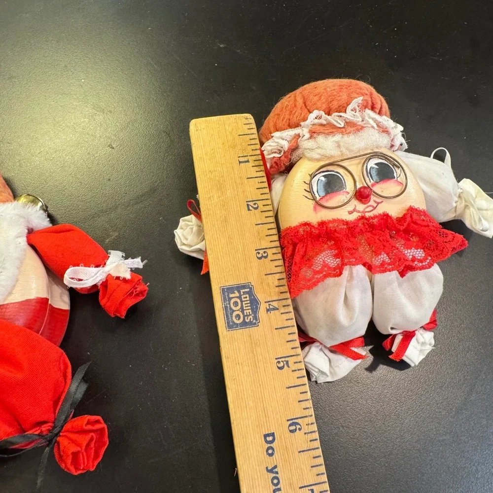 Wood Head Christmas Ornaments Shelf sitters Red White Vintage Kitschy Set